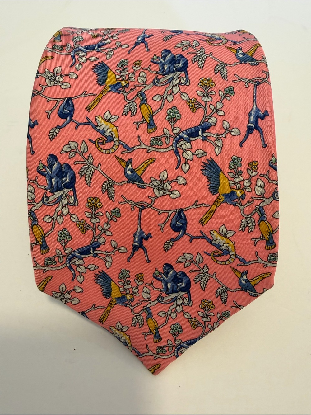 Alain Figaret Paris Luxury Silk Tie Pink Monkey Parrot Iguana